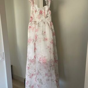 Beautiful Pink and White Floral Adjustable Strap Sleeveless Prom Dress